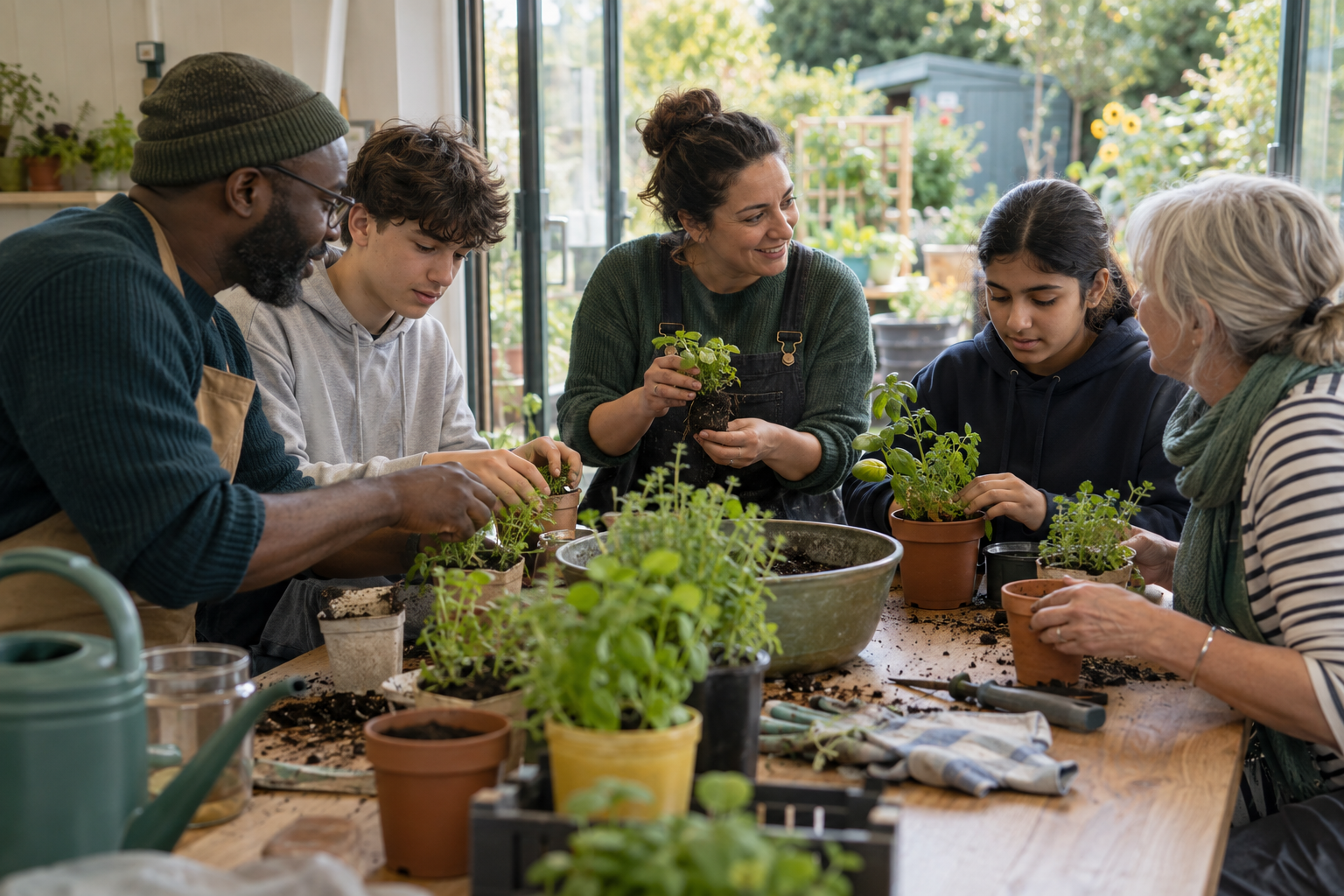 Illustrative intergenerational community group learning and potting herbs together