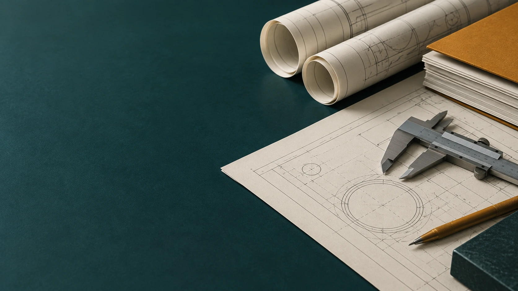 Technical plans, ordered documents and a precision measuring instrument on a teal surface